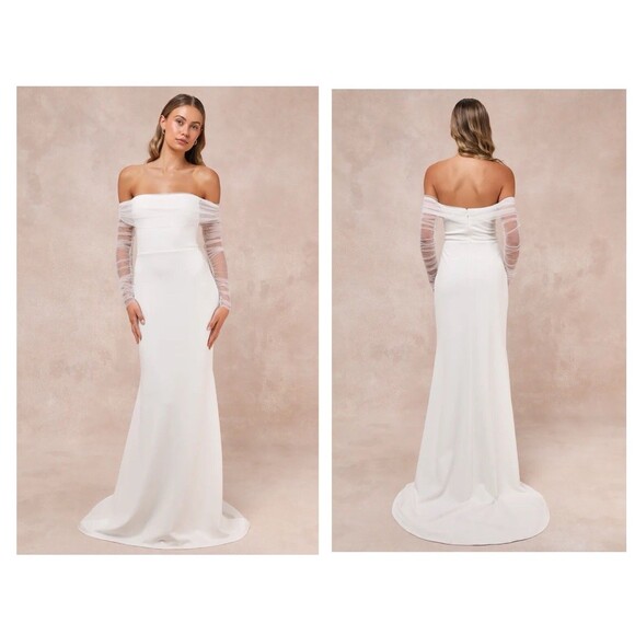 Lulus Beautifully Beloved White Mesh Off-the-Shoulder Maxi Dress Size XL Bridal - Picture 1 of 9